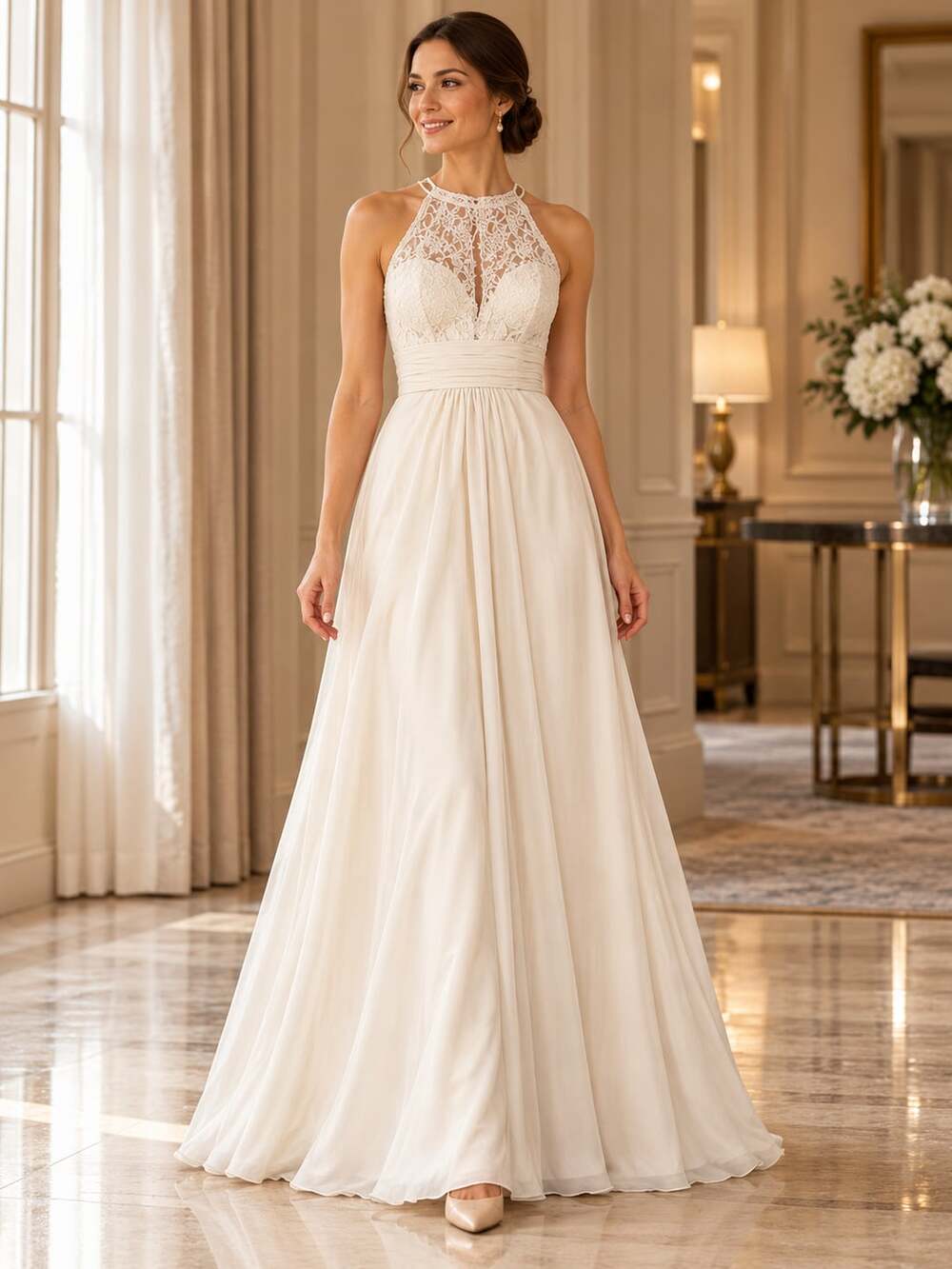 Bill Levkoff Lace Halter Chiffon Gown Size 10 Formal Bridesmaid Dress